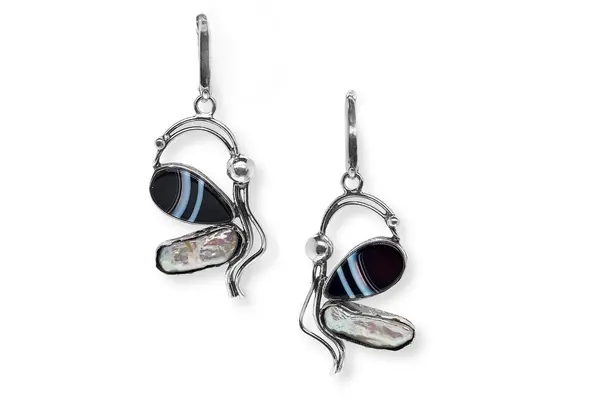 Dragonfly Earrings with Agate and cultured pearl