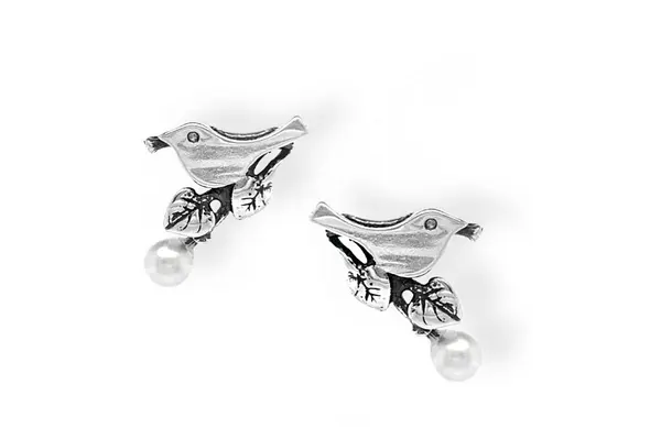 Silver earrings with synthetic pearls - Birds