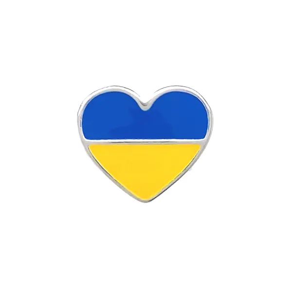 Heart-shaped silver pin in the colours of the Ukrainian flag