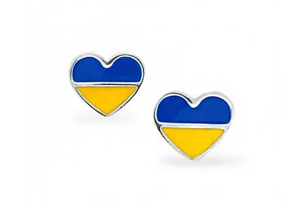 Heart-shaped earrings in the colours of the Ukrainian flag