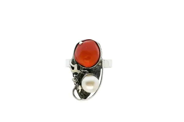 One-of-a-kind ring with Coral and Cultured pearl