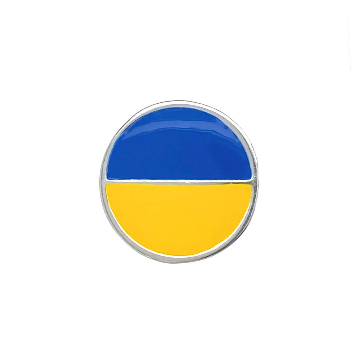 Round silver pin in the colours of the Ukrainian flag